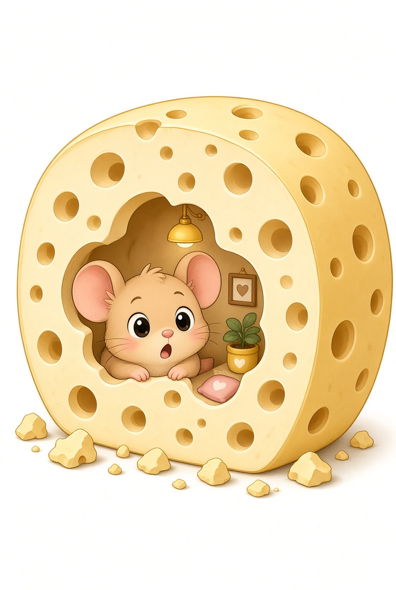 A mouse peeking from inside a hollow wheel of cheese