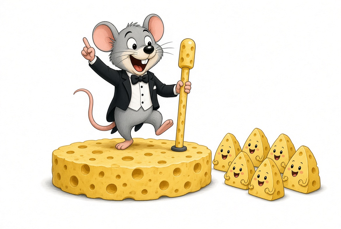 Pip in a tuxedo doing stand-up on a cheese stage
