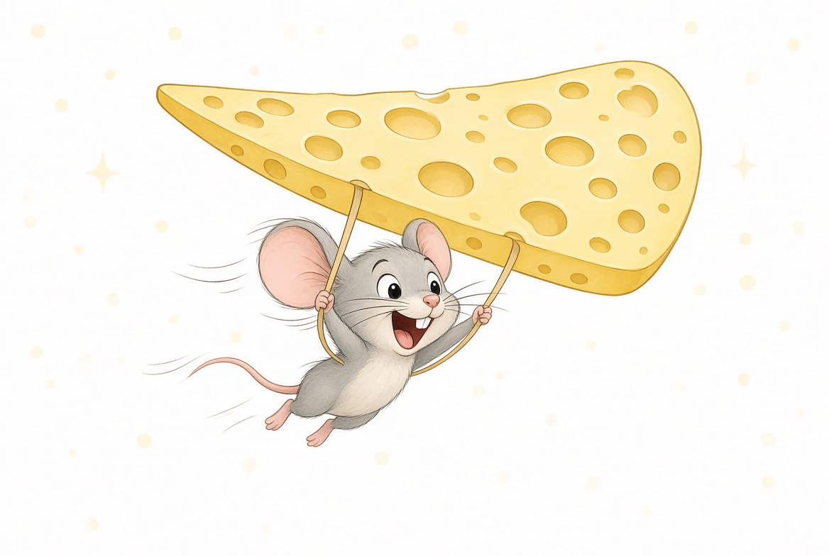 Pip hang-gliding on a giant slice of Swiss cheese